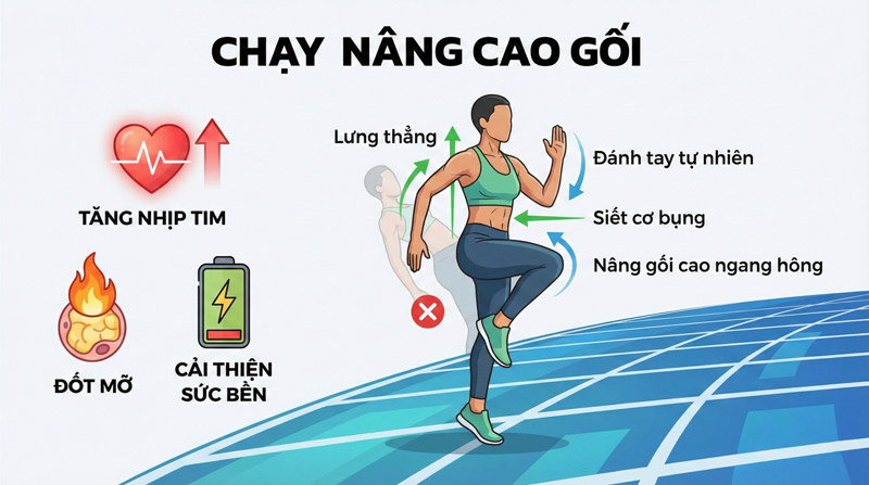 Chạy nâng cao gối giúp tăng nhịp tim nhanh, hỗ trợ đốt mỡ và cải thiện sức bền hiệu quả