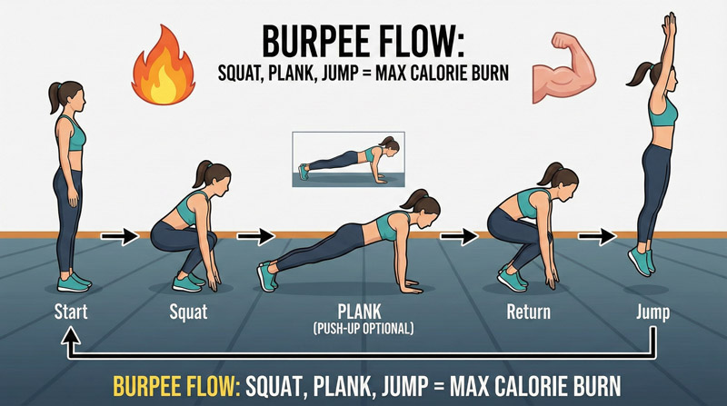 Burpee kết hợp squat, plank và bật nhảy mạnh mẽ giúp đốt calo toàn thân tối đa