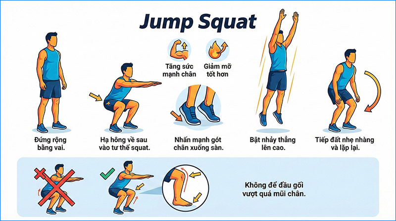 Jump Squat là động tác squat sâu rồi bật cao giúp tăng sức mạnh chân và giảm mỡ tốt hơn