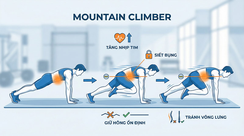 Mountain Climber giữ tư thế plank và chạy gối liên tục giúp siết bụng và tăng nhịp tim tức thì