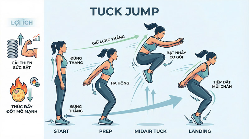 Tuck Jump là bài bật nhảy co gối sát ngực giúp cải thiện sức bật và thúc đẩy đốt mỡ mạnh