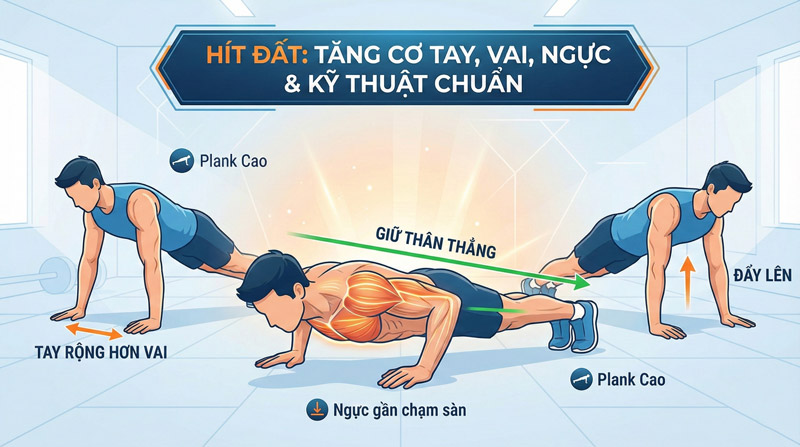 Hít đất giúp tăng cơ tay, vai và ngực khi giữ thân người thẳng và thực hiện đúng kỹ thuật