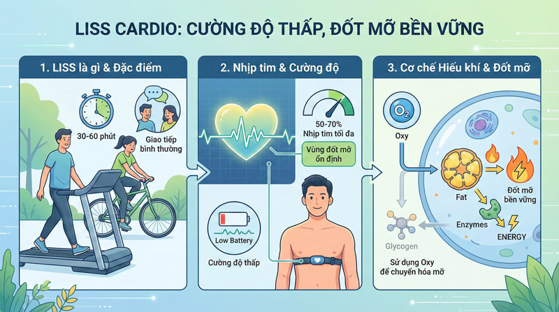 LISS cardio là bài tập hiếu khí cường độ thấp, duy trì nhịp tim ổn định giúp đốt mỡ bền vững