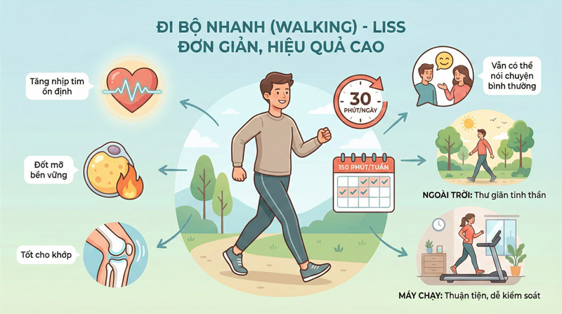 Đi bộ nhanh 30 phút mỗi ngày giúp tăng nhịp tim ổn định, đốt mỡ bền vững và tốt cho khớp