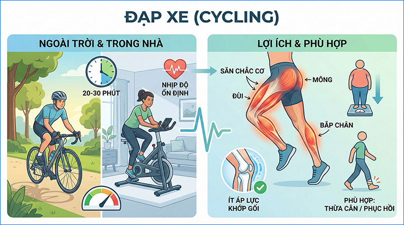 Đạp xe 20-30 phút nhịp độ đều giúp săn chắc chân, ít áp lực lên khớp gối