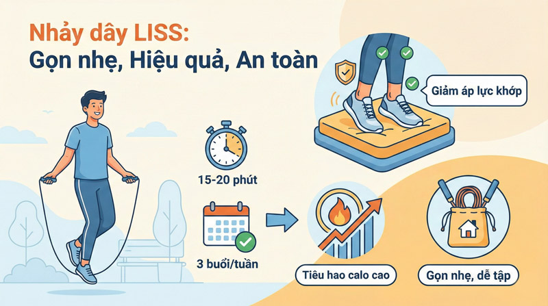 Nhảy dây 15-20 phút nhịp vừa giúp tiêu hao calo cao, gọn nhẹ và dễ tập