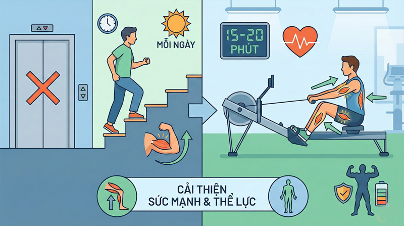 Leo thang bộ, chèo thuyền nhịp đều giúp khỏe chân, lưng và tăng thể lực