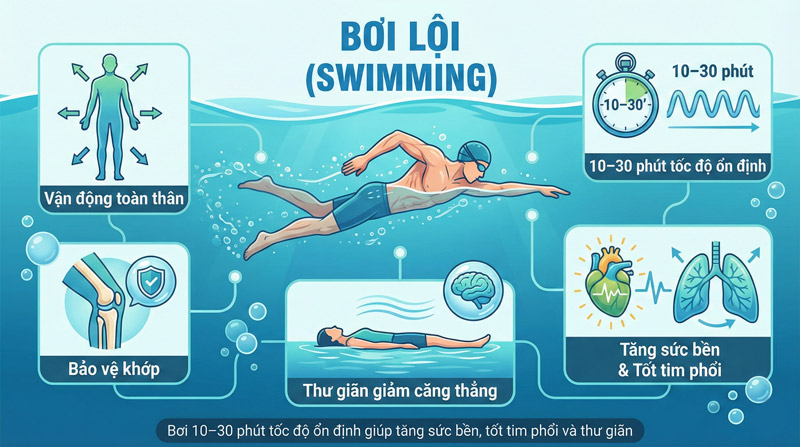 Bơi 10-30 phút tốc độ ổn định giúp tăng sức bền, tốt tim phổi và thư giãn