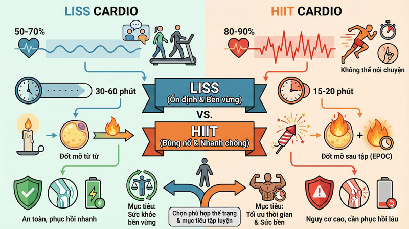 LISS đốt mỡ ổn định, HIIT bùng nổ ngắn phút; chọn theo thể lực và mục tiêu tập luyện