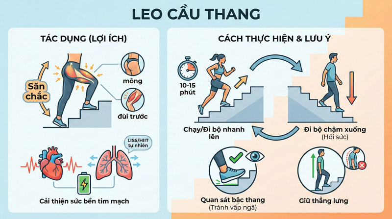 Leo cầu thang giúp săn chắc đùi mông và cải thiện sức bền tim mạch