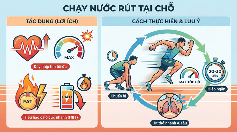Chạy nước rút tại chỗ đẩy nhịp tim tối đa và tiêu hao calo cực nhanh