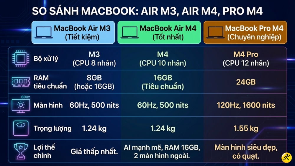 So sánh MacBook Air M4 với Air M3 và Pro M4 So sánh MacBook Air M4 với Air M3 và Pro M4