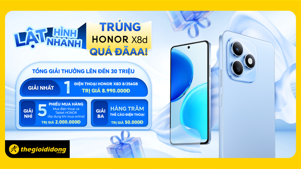 Lật nhanh trúng quà - Rinh HONOR X8d quá đã: Tổng giải thưởng lên đến 30 triệu đồng Lật nhanh trúng quà - Rinh HONOR X8d quá đã: Tổng giải thưởng lên đến 30 triệu đồng