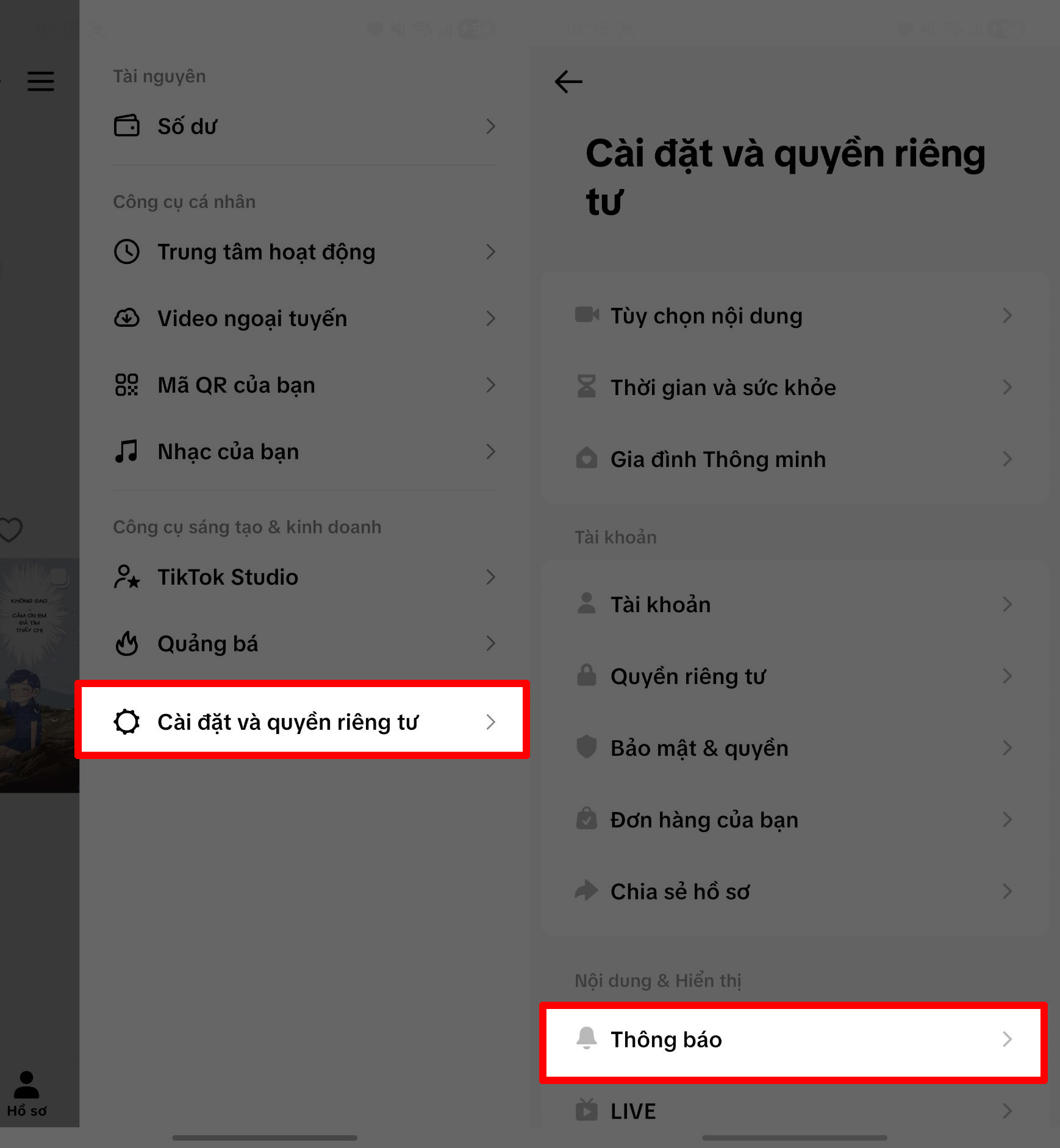 Cách bật thông báo câp nhật đơn hàng TikTok