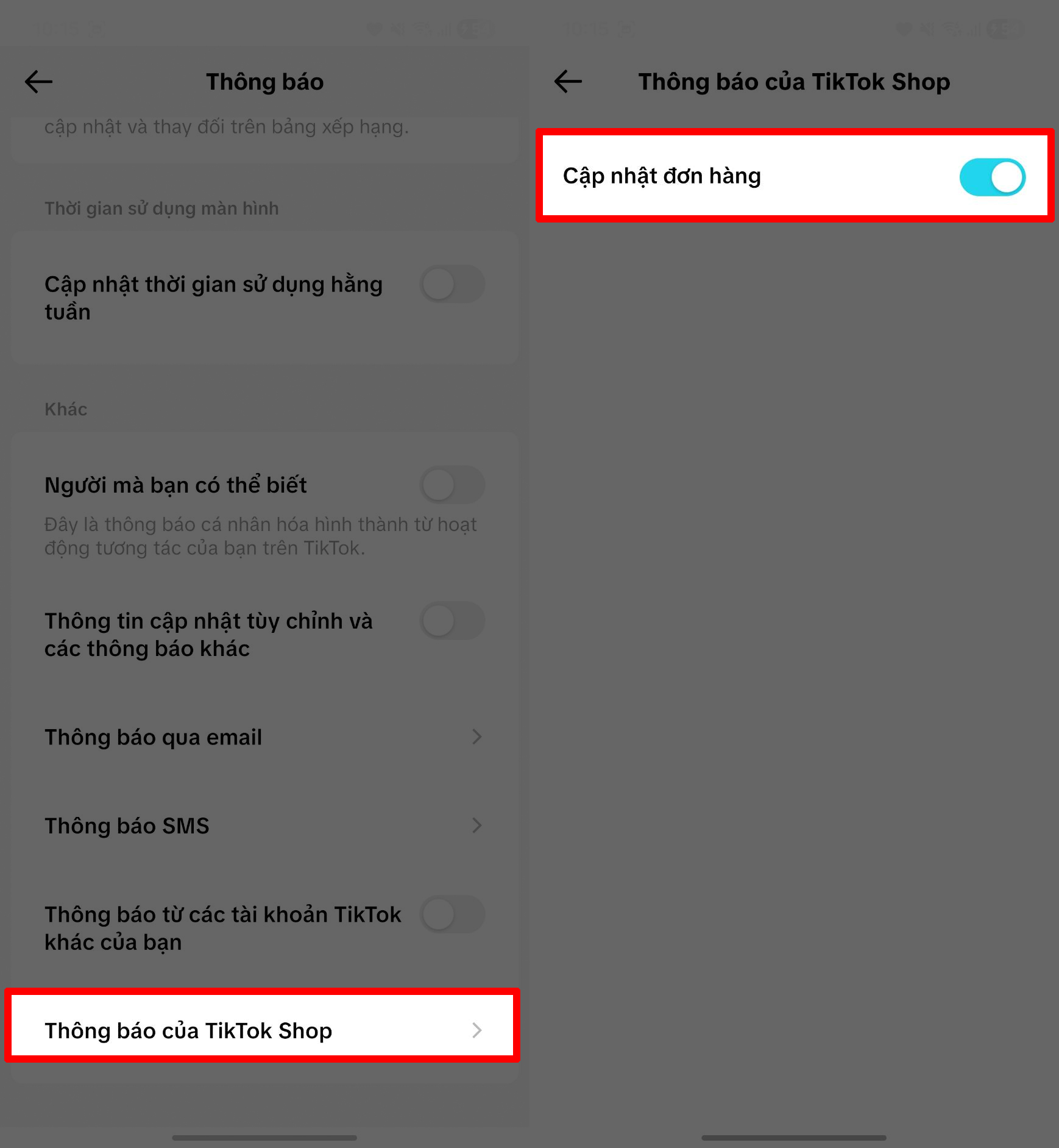 Cách bật thông báo câp nhật đơn hàng TikTok