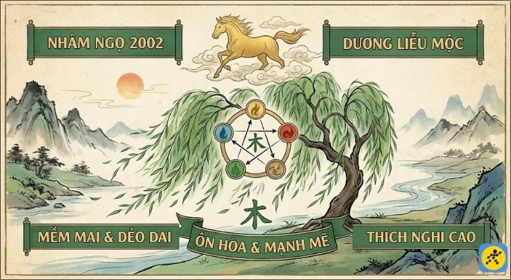 Theo thuyết Ngũ hành, người sinh năm 2002 thuộc mệnh Mộc, nạp âm là Dương Liễu Mộc Theo thuyết Ngũ hành, người sinh năm 2002 thuộc mệnh Mộc, nạp âm là Dương Liễu Mộc