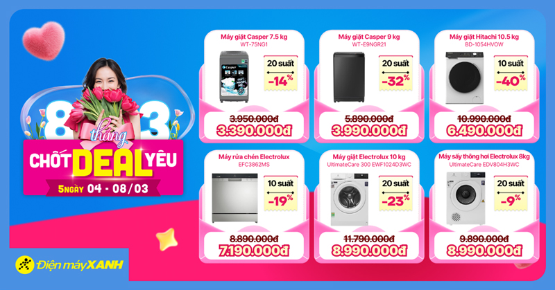 8 Tháng 3 Chốt Deal Yêu tại Điện máy XANH: Giảm sốc điện máy, gia dụng, quay số trúng mua 0đ 8 Tháng 3 Chốt Deal Yêu tại Điện máy XANH: Giảm sốc điện máy, gia dụng, quay số trúng mua 0đ