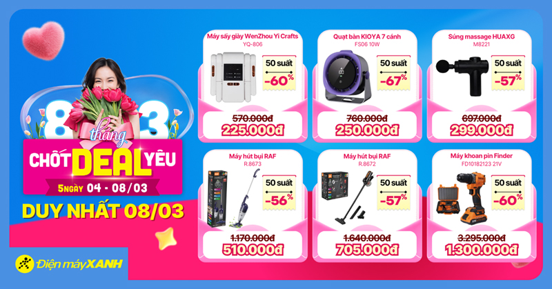 8 Tháng 3 Chốt Deal Yêu tại Điện máy XANH: Giảm sốc điện máy, gia dụng, quay số trúng mua 0đ 8 Tháng 3 Chốt Deal Yêu tại Điện máy XANH: Giảm sốc điện máy, gia dụng, quay số trúng mua 0đ