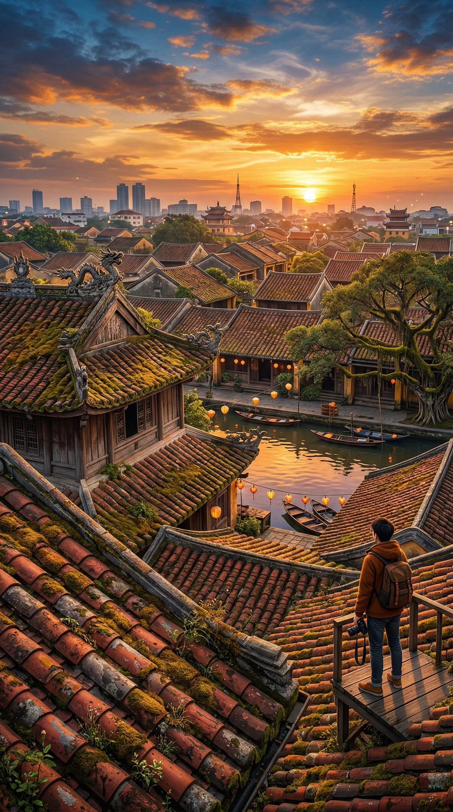 Hợp mái ngói đỏ, hoàng hôn cam đất, art 3D hiện đại tôn cá tính và tăng năng lượng tích cực