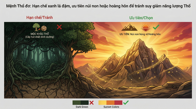 Hạn chế xanh lá đậm, ưu tiên núi non hoặc hoàng hôn để tránh suy giảm năng lượng Thổ