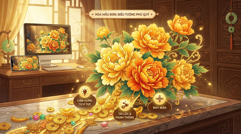 Hoa mẫu đơn vàng, cam đại diện cho phú quý, giúp tạo cảm hứng tích cực và thu hút may mắn, tài lộc Hoa mẫu đơn vàng, cam đại diện cho phú quý, giúp tạo cảm hứng tích cực và thu hút may mắn, tài lộc