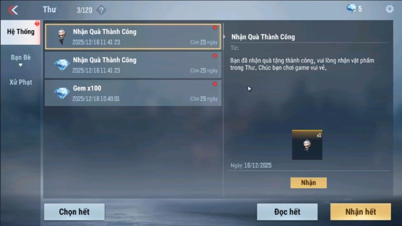 Bước 6: Vào game mở Mail nhận vật phẩm Bước 6: Vào game mở Mail nhận vật phẩm