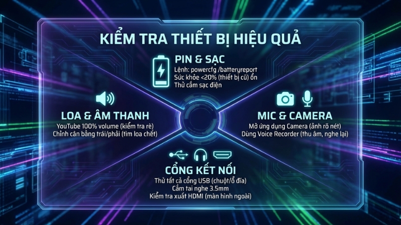 Test Pin, Loa, Mic, Camera v&agrave; Cổng kết nối