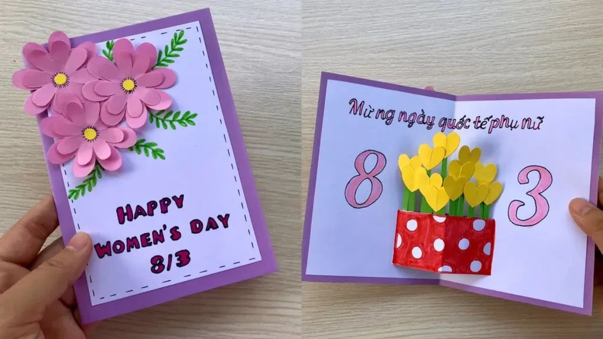 Mẫu hình nền thiệp 8/3 đẹp với hoa cổ điển, typography sáng tạo và phong cách handmade ấm áp
