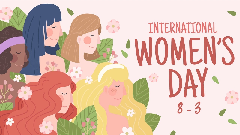 Hình nền 8/3 phong cách chibi đáng yêu với màu sắc tươi sáng, icon vui nhộn mang lại cảm giác tích cực