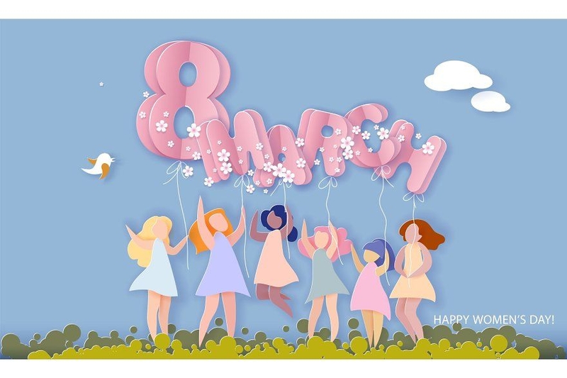 Hình nền 8/3 phong cách chibi đáng yêu với màu sắc tươi sáng, icon vui nhộn mang lại cảm giác tích cực