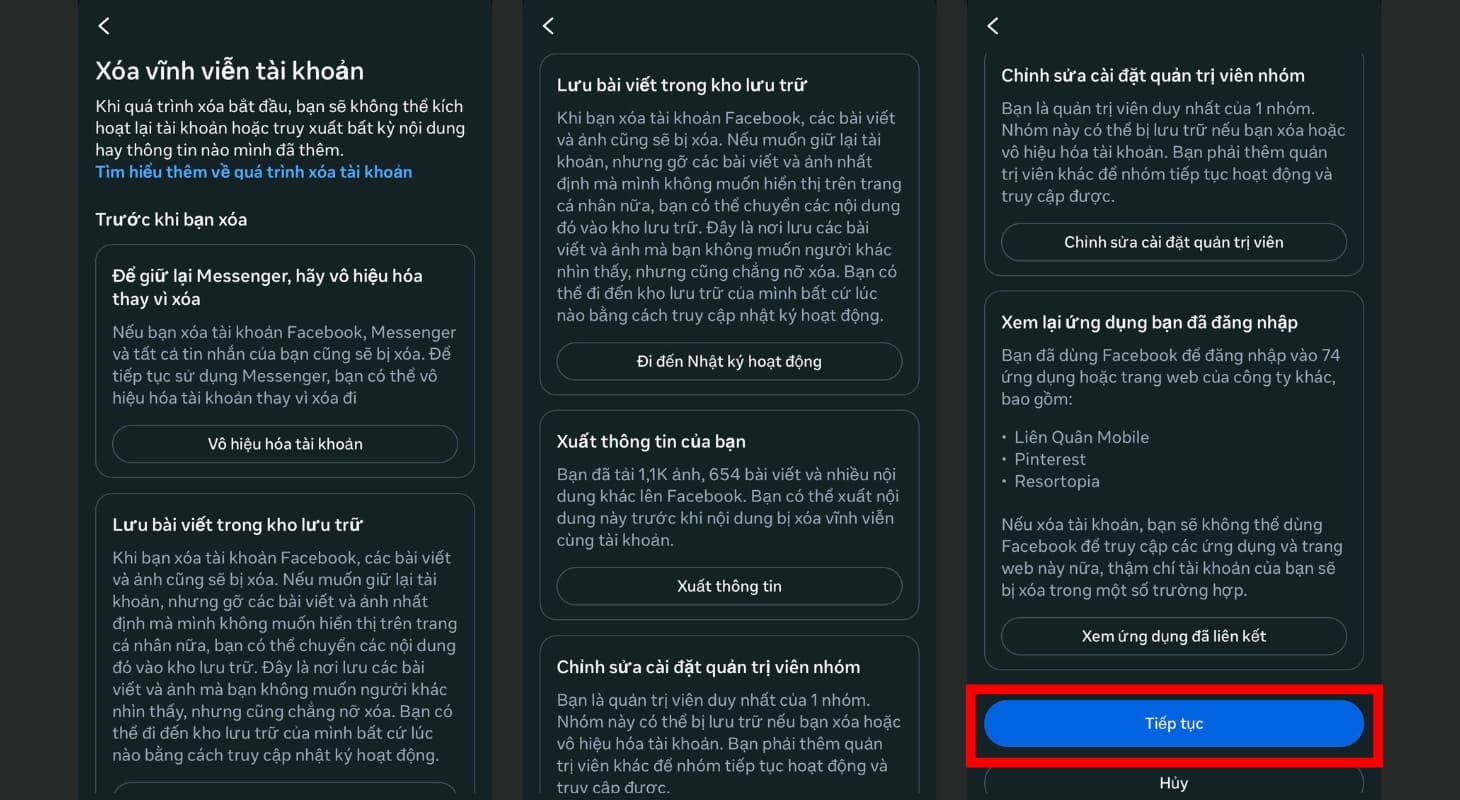 Thực hiện sao lưu và gỡ bỏ liên kết ứng dụng trước khi xóa tài khoản Facebook