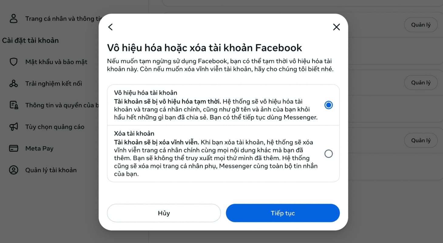 Chọn vô hiệu hóa tài khoản Facebook thay vì xóa