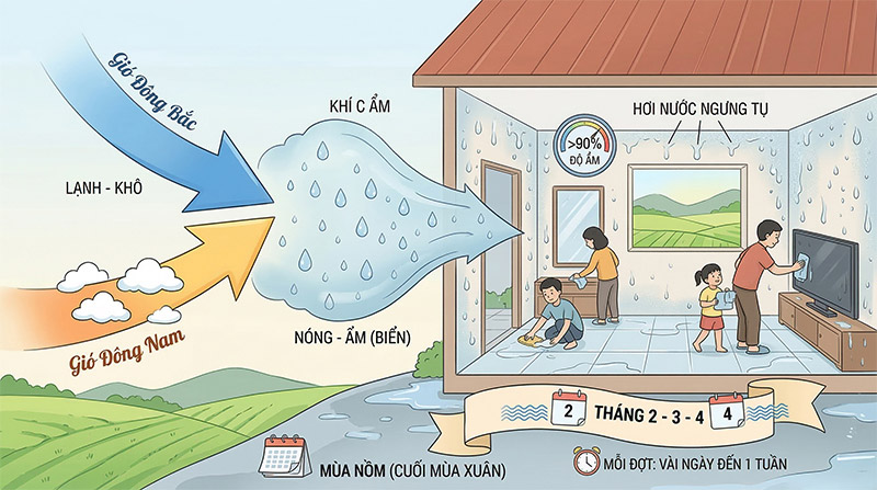 Hiện tượng nồm ẩm khiến hơi nước ngưng tụ làm sàn nhà và tường ướt nhẹp