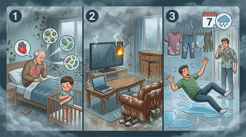 Độ ẩm cao là nguyên nhân chính khiến đồ dùng, tường nhà bị nấm mốc phá hoại