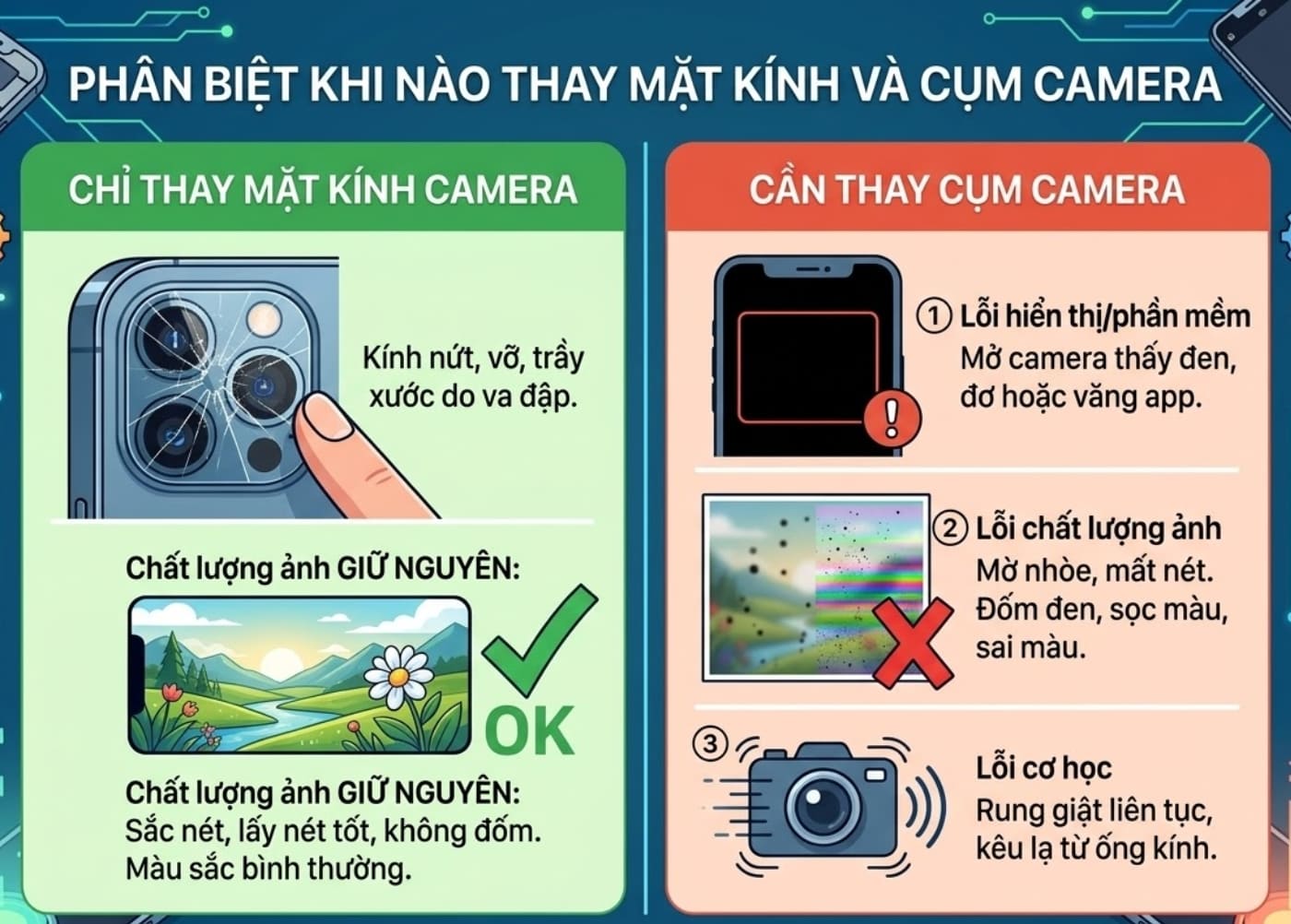 Phân biệt khi nào cần thay camera iPhone và khi nào chỉ cần thay kính camera
