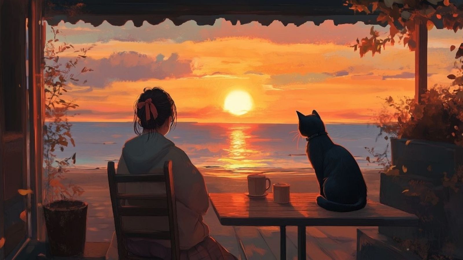 Hình cô gái và chú mèo đang ngắm hoàng hôn