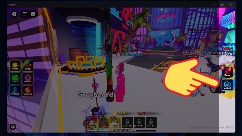 Chọn mục Codes ở góc phải màn hình trong Anime Reborn Chọn mục Codes ở góc phải màn hình trong Anime Reborn