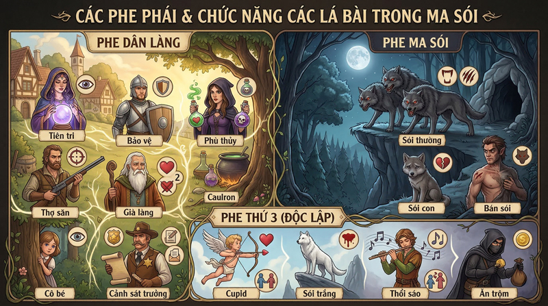 Ma Sói gồm 3 phe: Dân, Sói, phe 3; mỗi lá bài có vai trò riêng, tạo đấu trí kịch tính, khó đoán Ma Sói gồm 3 phe: Dân, Sói, phe 3; mỗi lá bài có vai trò riêng, tạo đấu trí kịch tính, khó đoán