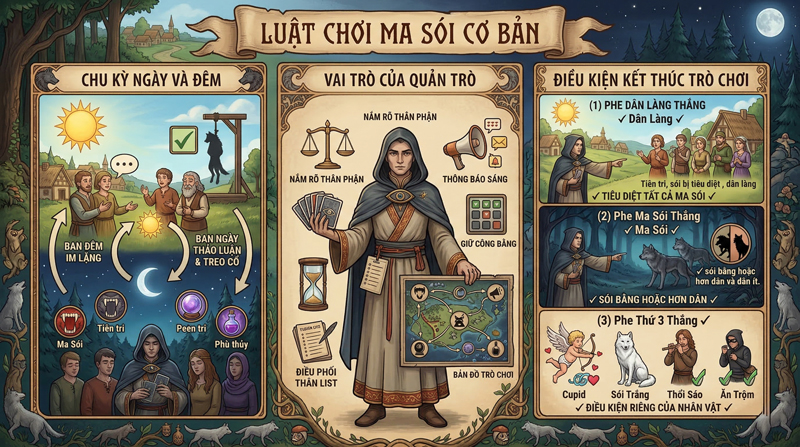 Luật Ma Sói: luân phiên ngày đêm, quản trò điều phối, các phe đấu trí đến khi đạt điều kiện thắng Luật Ma Sói: luân phiên ngày đêm, quản trò điều phối, các phe đấu trí đến khi đạt điều kiện thắng