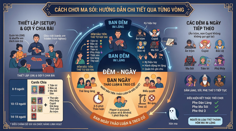 Cách chơi Ma Sói: setup, chia bài, gọi vai đêm đầu, tranh luận ban ngày, lặp đến khi có phe thắng Cách chơi Ma Sói: setup, chia bài, gọi vai đêm đầu, tranh luận ban ngày, lặp đến khi có phe thắng