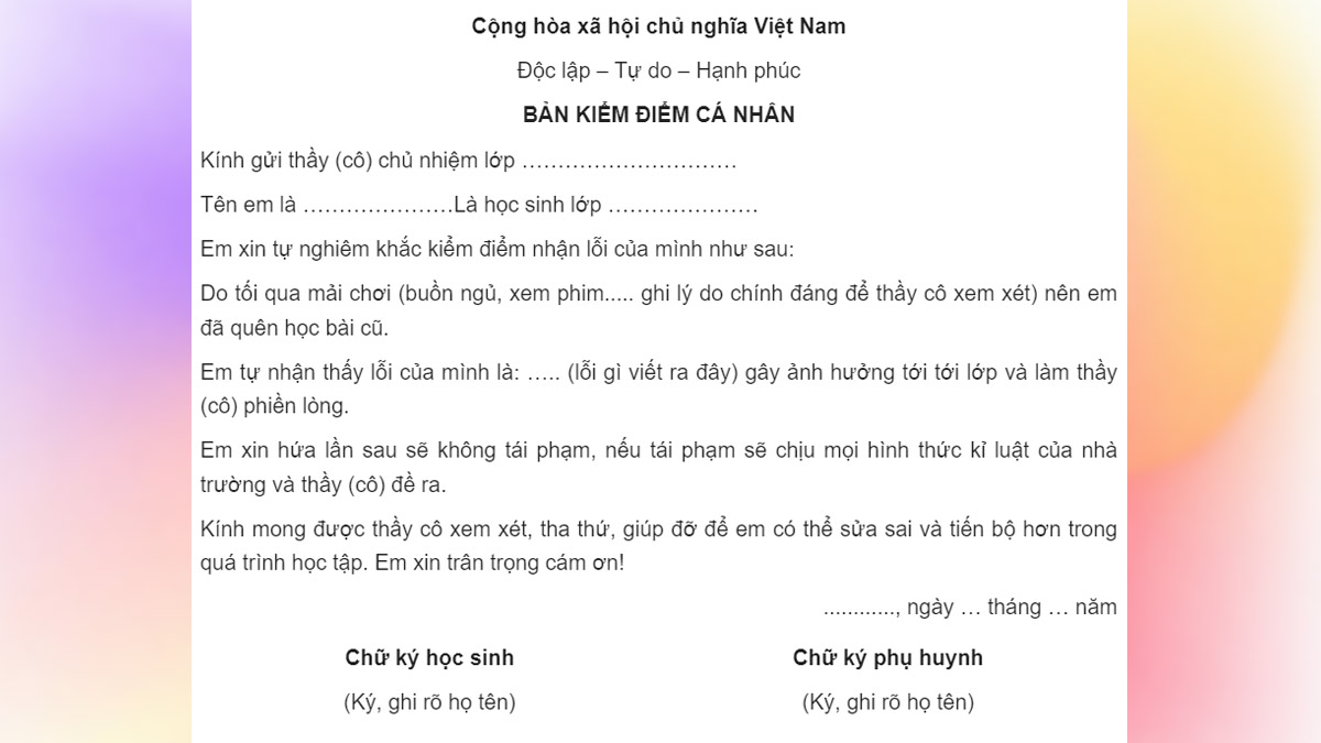 Cách viết bản kiểm điểm cấp 2 không thuộc bài
