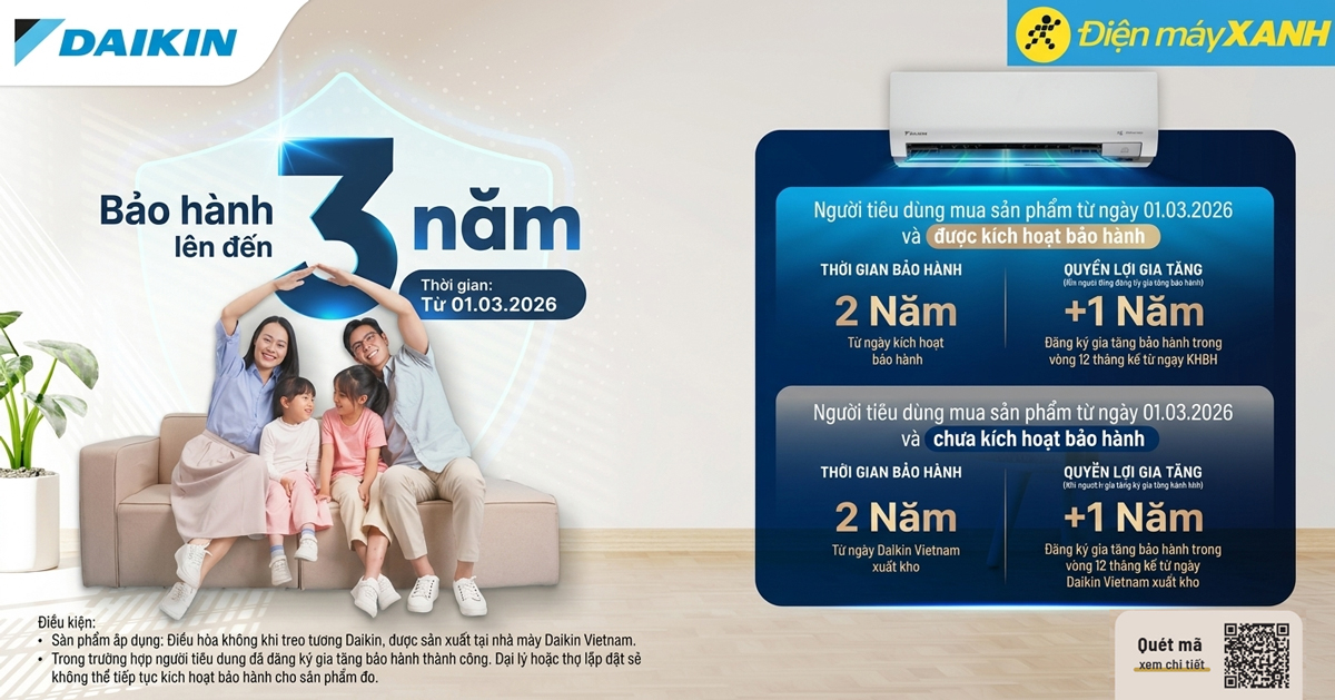 Bảo h&agrave;nh đến 3 năm - An t&acirc;m d&agrave;i l&acirc;u c&ugrave;ng Daikin Vietnam tại Điện m&aacute;y XANH