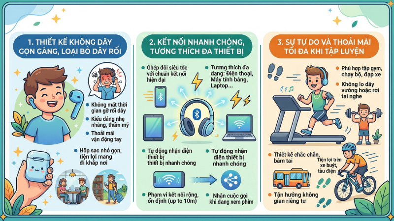 Thiết kế tai nghe bluetooth thoải mái tự do vận động
