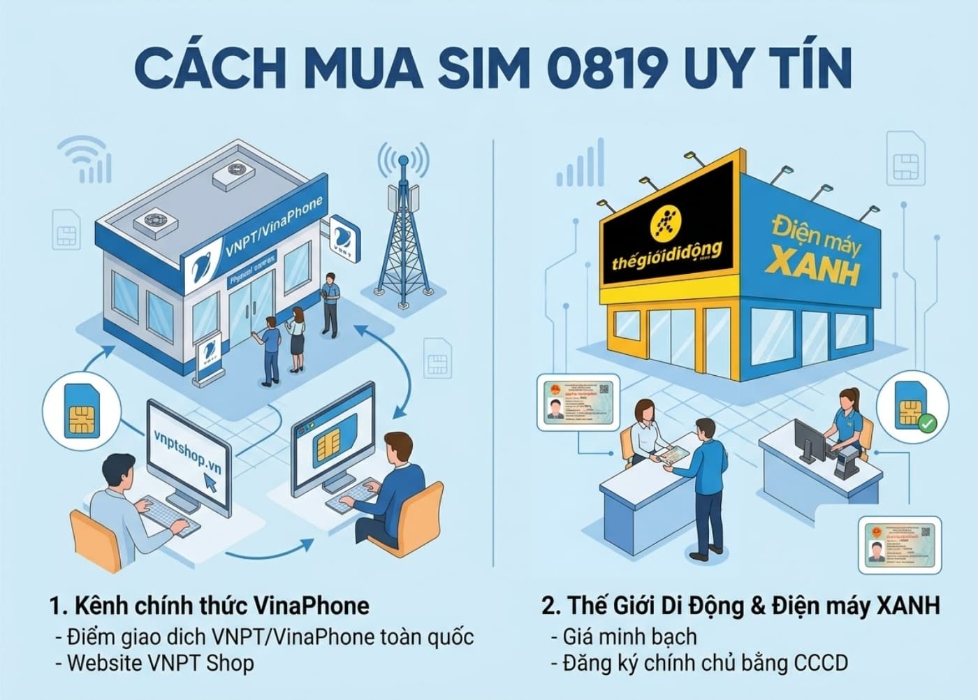 Bạn nên mua sim 0819 ở kênh chính thức của VinaPhone hoặc hệ thống Thế Giới Di Động/Điện máy XANH