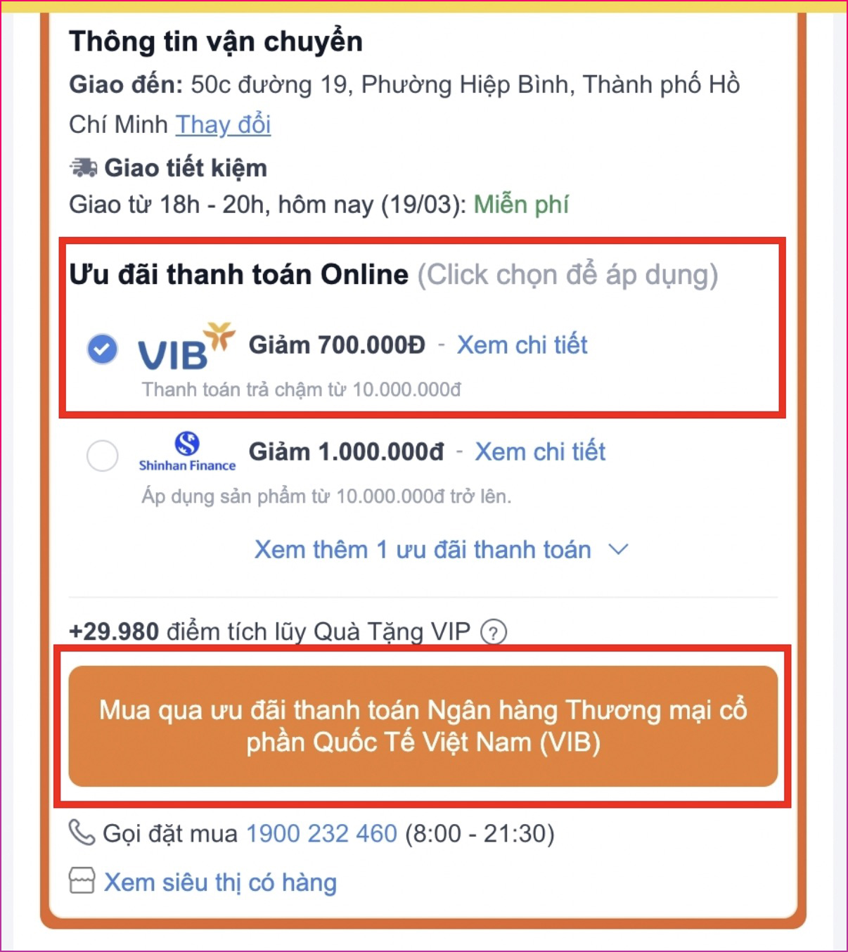 Mua hàng tại TGDĐ: Thanh toán qua thẻ tín dụng VIB giảm 700K cho đơn hàng thanh toán từ 10 triệu