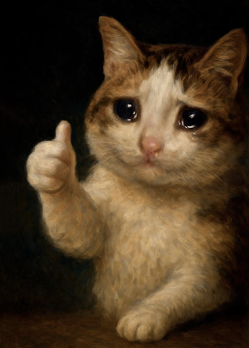 Meme mèo khóc dễ thương, pha chút cam chịu hài hước, dùng khi muốn than nhẹ đầy dí dỏm