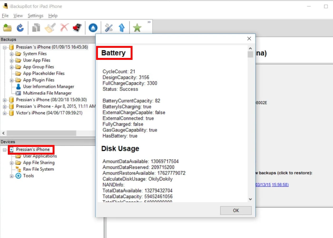 Kết quả kiểm tra pin iPhone đã thay chưa bằng phần mềm iBackupBot Kết quả kiểm tra pin iPhone đã thay chưa bằng phần mềm iBackupBot
