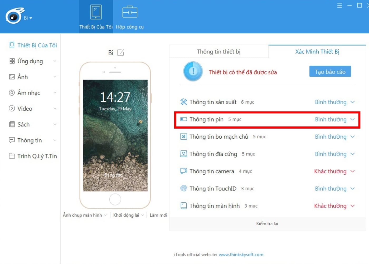 Kết quả kiểm tra pin iPhone đã thay chưa bằng phần mềm iTools Kết quả kiểm tra pin iPhone đã thay chưa bằng phần mềm iTools
