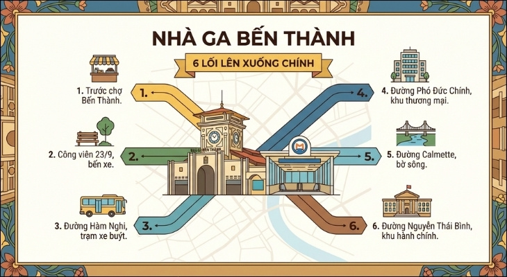 Sơ đồ các lối ra/vào và các điểm đến lân cận của ga metro Bến Thành