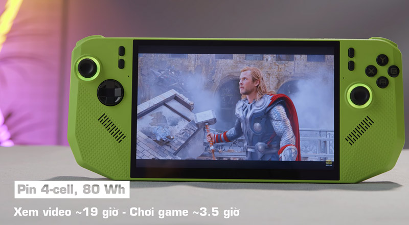 Pin 53Whr dùng 1.5–2 giờ game nặng, lâu hơn với tác vụ nhẹ, đáp ứng nhu cầu di động